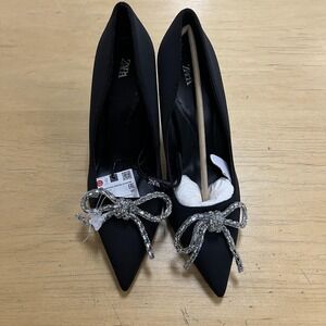 Zara Heels Shoes Womens Size 39 Black Rhinestone Bow Pointed Toe Pumps Dress